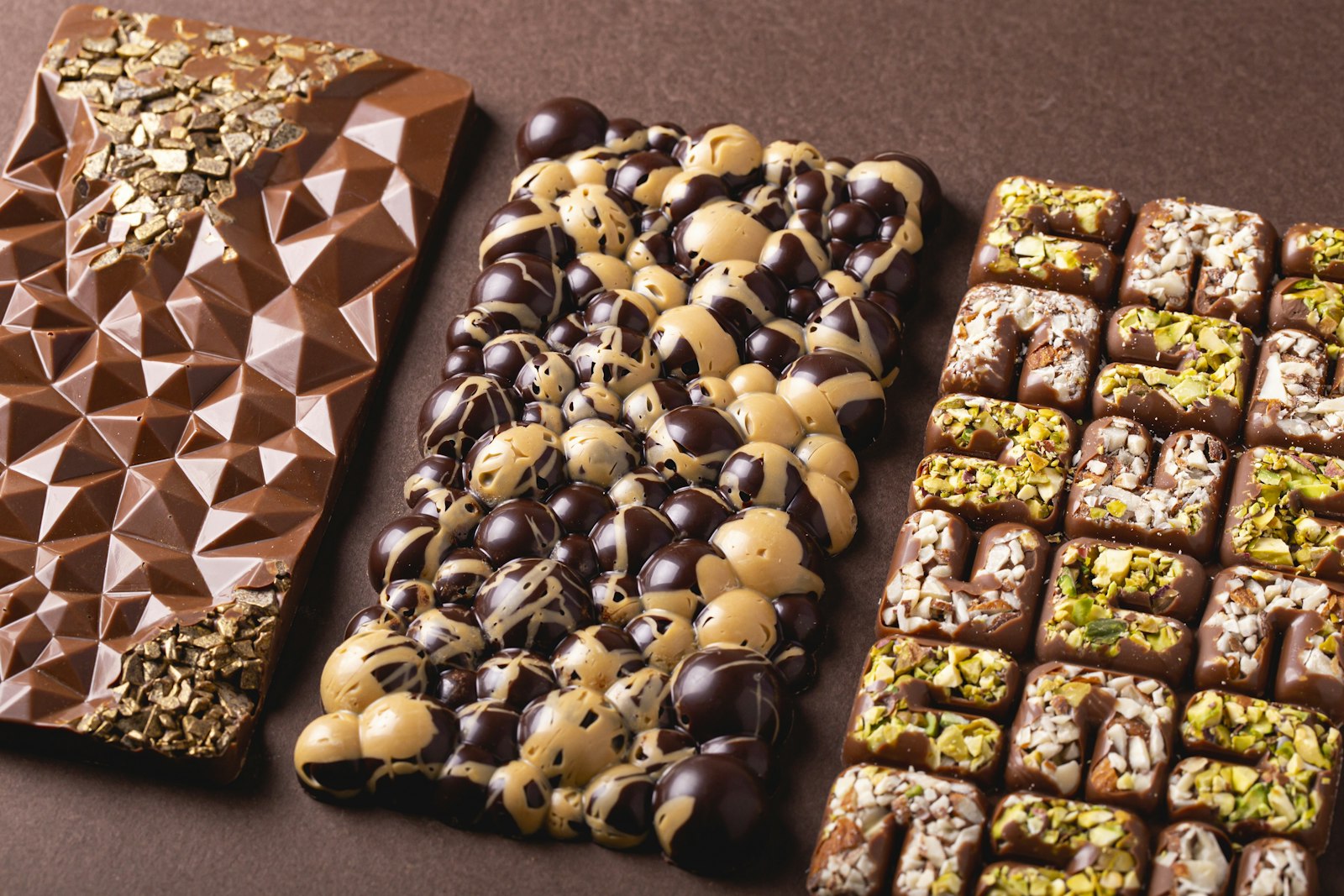 Belgian chocolates with toppings on a table in Brussels